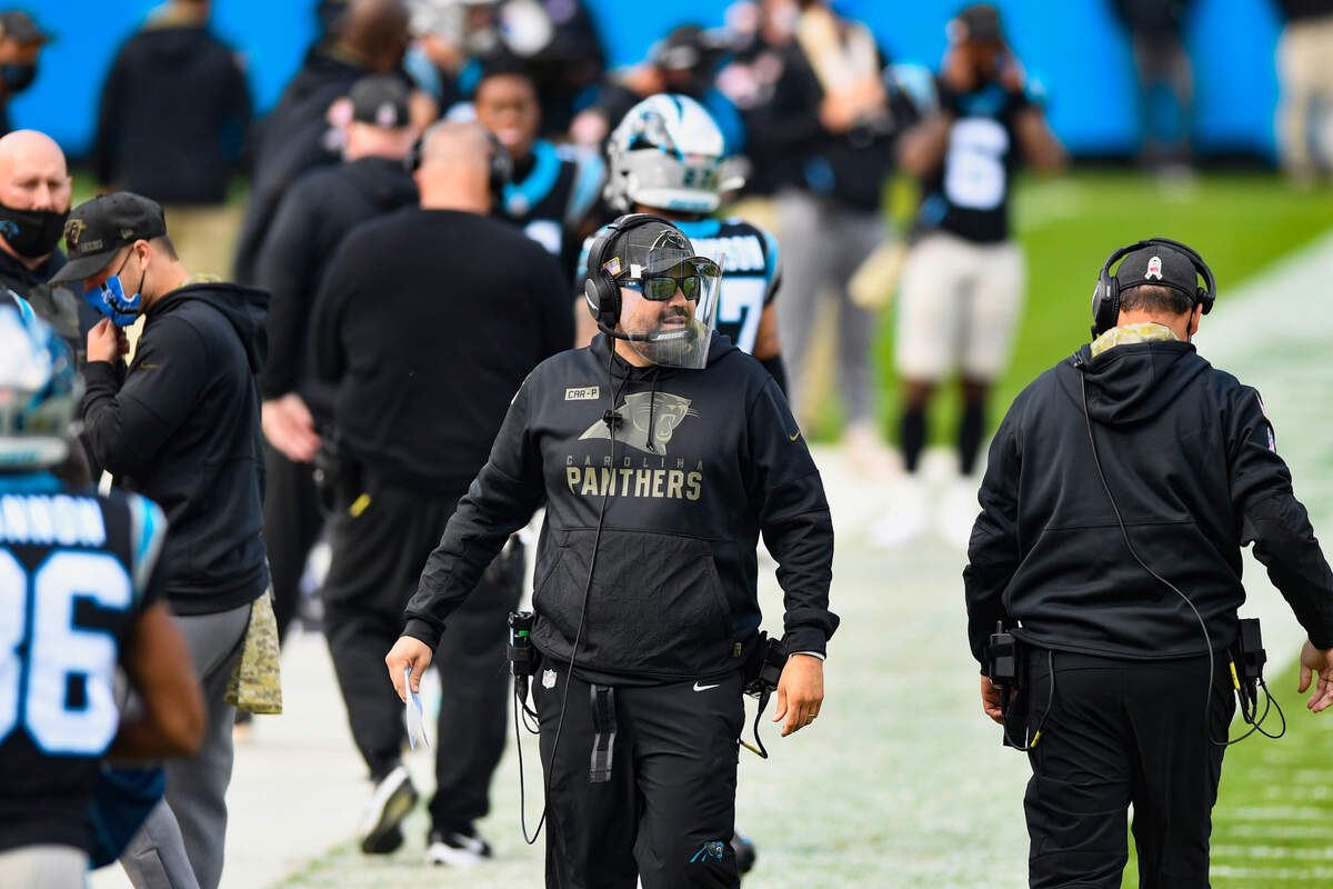 Head Coach Matt Rhule watches from the sidelines during the first quarter as the Panthers take on the Tampa Bay Buccaneers at Bank of America Stadium in Charlotte, NC on Sunday, November 15, 2020.