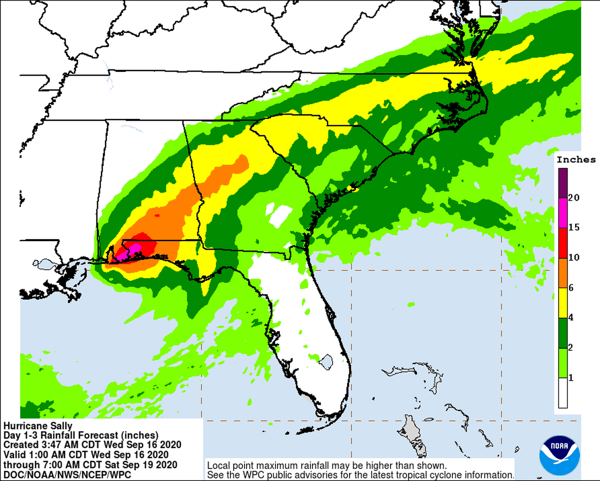 Torrential rains from Hurricane Sally are expected in the Charlotte region Thursday, with the storm forecast to dump up to 9 inches on some areas, according to a National Weather Service bulletin at 5:14 a.m. Wednesday.
