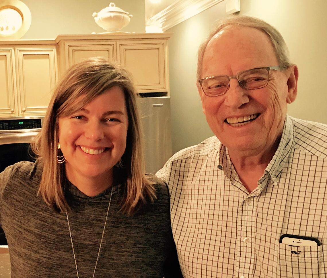 Bill Bauer (right) and his daughter, Mary Catherine Hinds. Bauer, 78, died April 16th of COVID-19 in a Charlotte hospital.