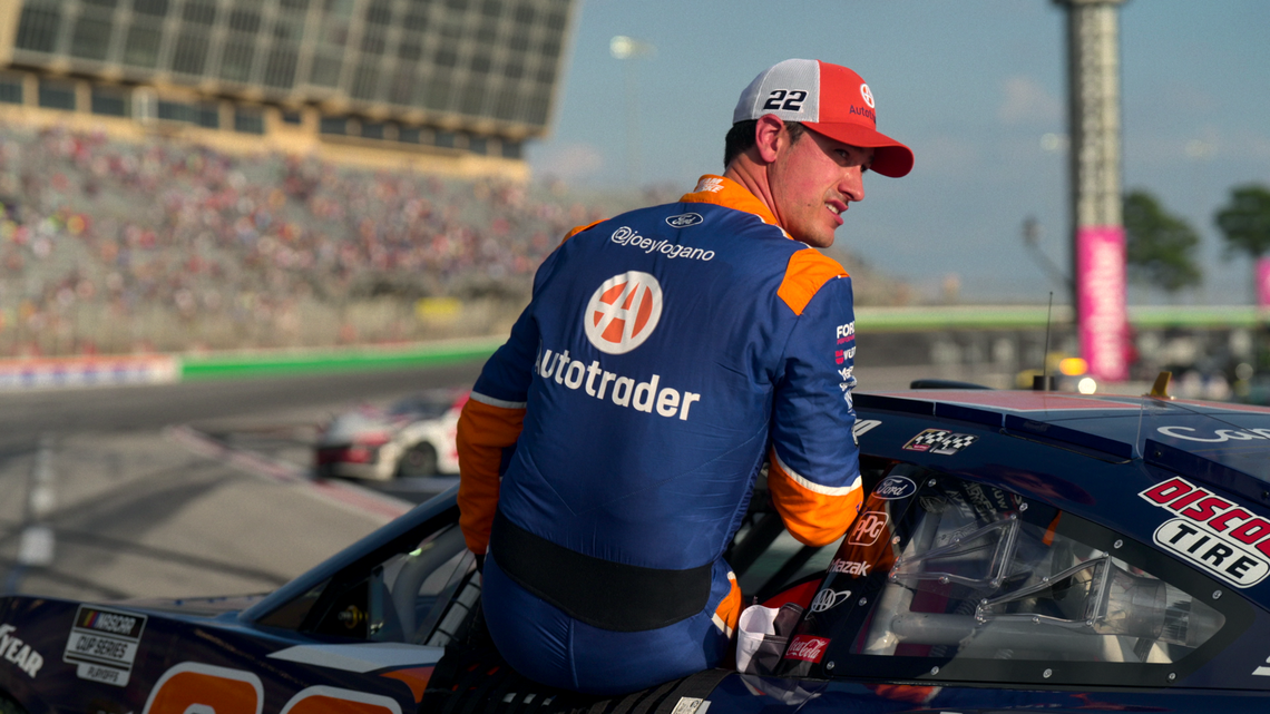 NASCAR Cup Series champion Joey Logano climbs out of his race car after his thrilling playoff victory at Atlanta in ‘Full Speed: Season 2.’
