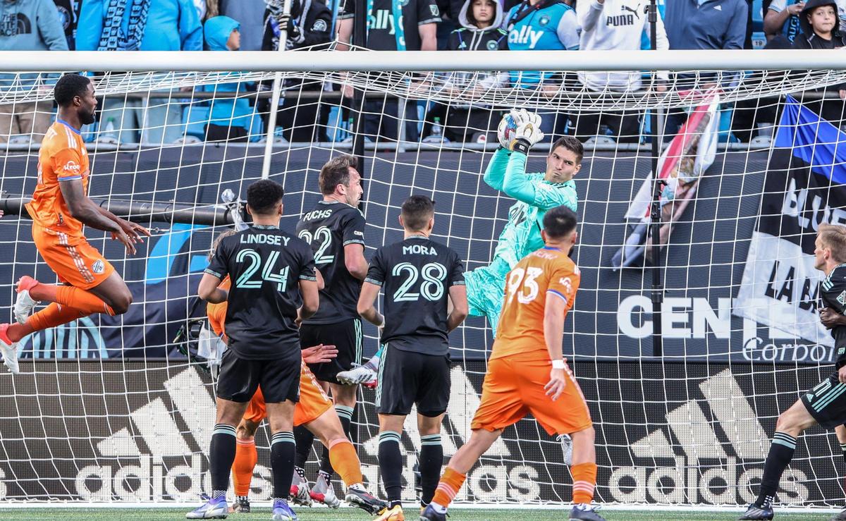 Charlotte FC Kristijan Kahlina blocks a kick against Cincinnati FC at the Bank of America Stadium in Charlotte, N.C., on Saturday, March 26, 2022.