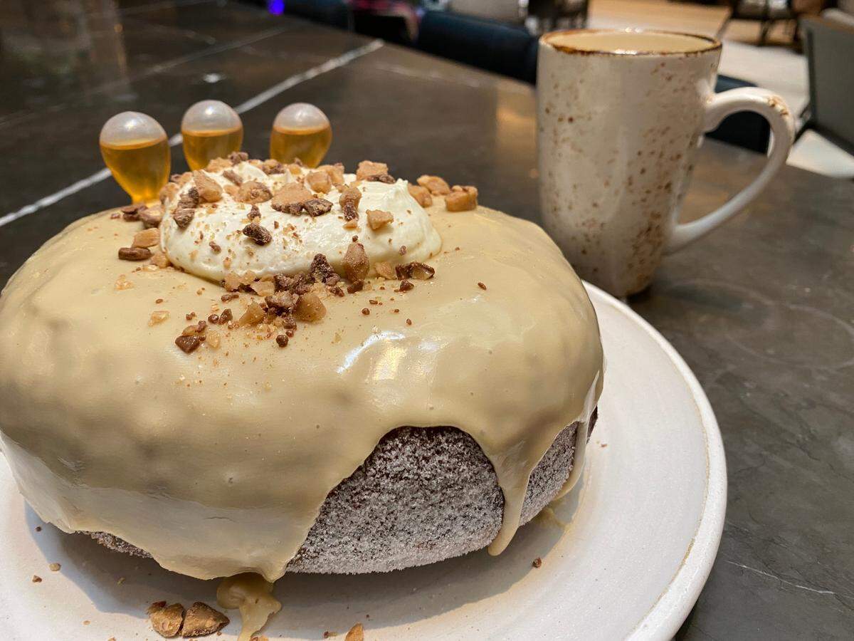 Stoke’s Boozy Breakfast Doughnut is a 1 pound, maple glazed behemoth with Kahlua and Kona coffee-infused mascarpone mousse and bourbon pipettes.