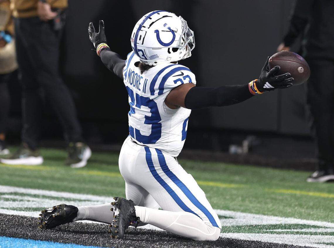 Indianapolis Colts cornerback Kenny Moore II celebrates his second interception of a pass by Carolina Panthers quarterback Bryce Young in the end zone during fourth-quarter action on Sunday, November 5, 2023 at Bank of America Stadium in Charlotte, NC. The Colts defeated the Carolina Panthers 27-13.