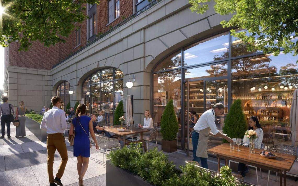 A rendering of Centrum Dilworth, a mixed-use project that includes 422 apartments, an over 249,00-square-foot parking structure in the middle and a 153-room hotel.