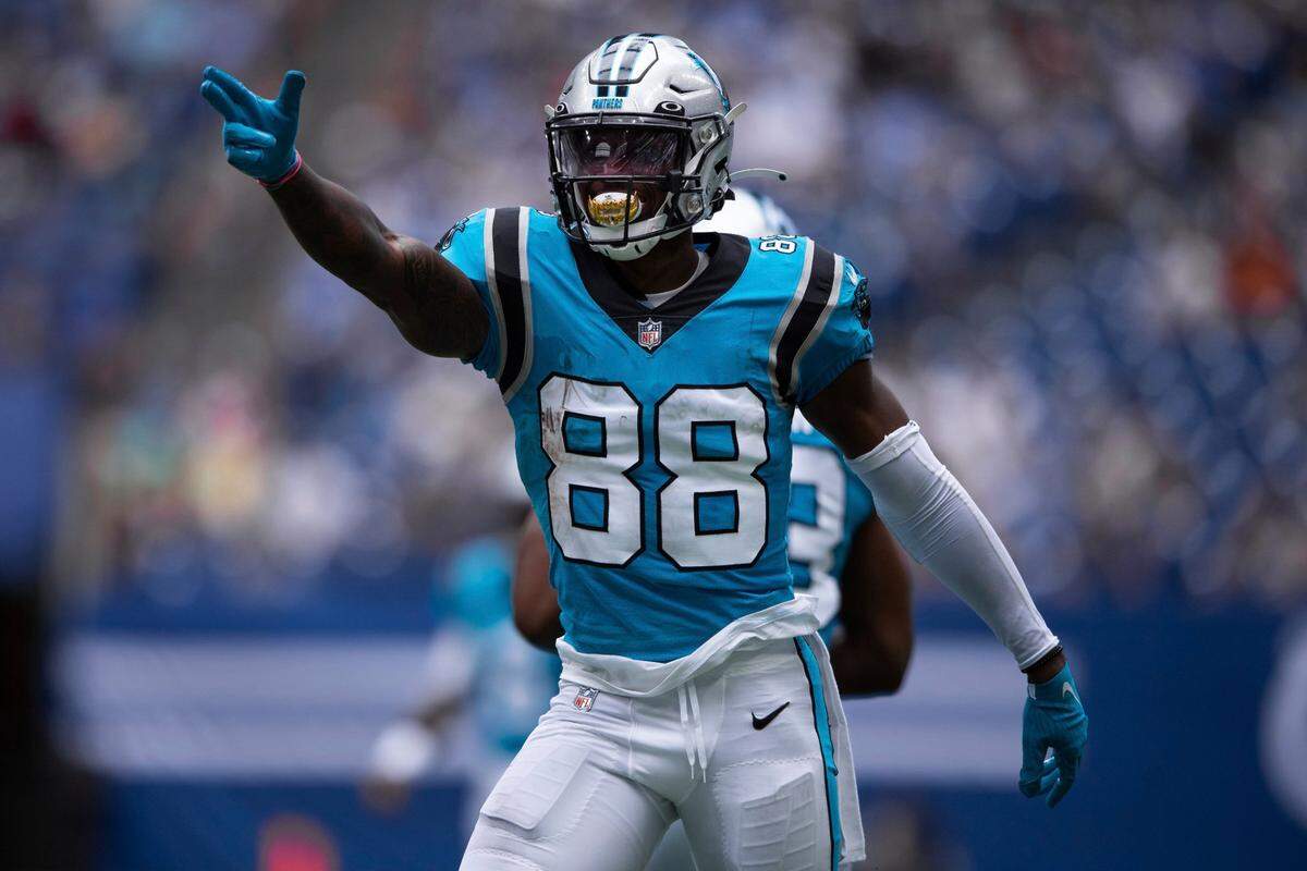 Carolina Panthers wide receiver Terrace Marshall Jr. (88) celebrates a first down during an NFL football game against the Indianapolis Colts, Sunday, Aug. 15, 2021, in Indianapolis. (AP Photo/Zach Bolinger)