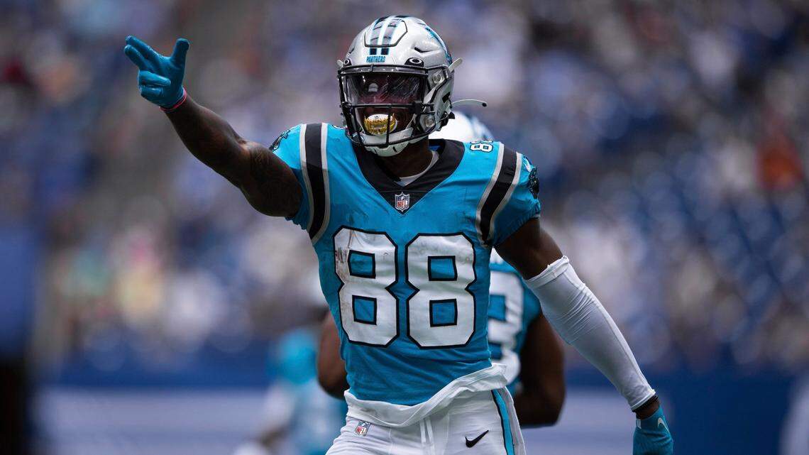 Panthers wide receiver Terrace Marshall Jr. (88) celebrates a first down during Carolina’s preseason game against the Indianapolis Colts on Aug. 15 in Indianapolis. (AP Photo/Zach Bolinger)