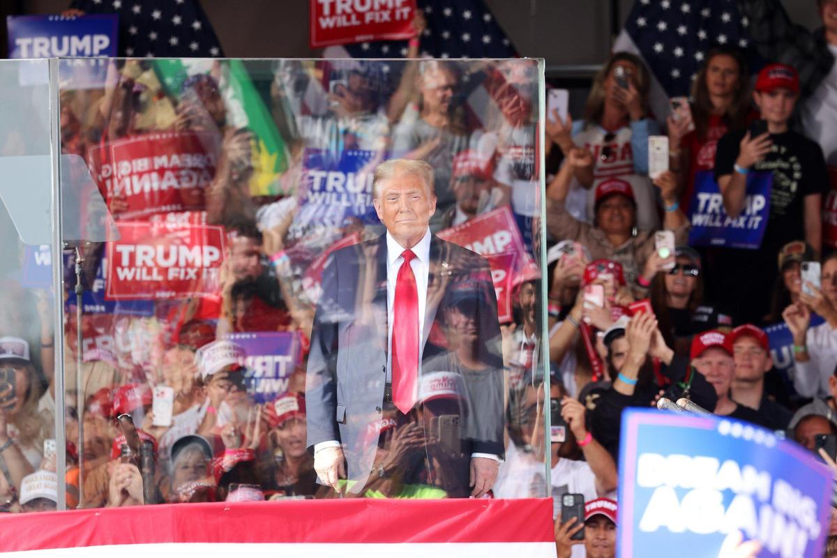 Donald Trump stands behind a barrier Saturday, Nov. 2, 2024 at a rally in Gastonia, N.C.