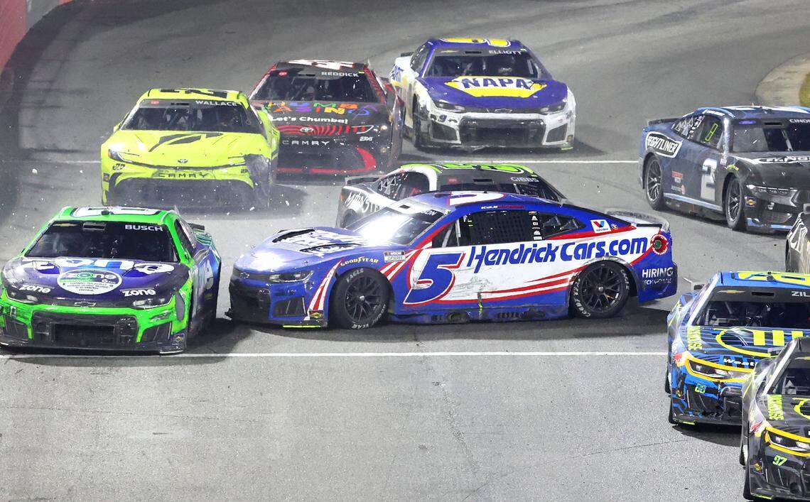 NASCAR Cup Series driver Kyle Busch is turned coming down the front stretch at Bowman Gray Stadium during the Cookout Clash on Wednesday, February 4, 2026 in Winston-Salem, NC. NASCAR Cup Series driver Ryan Preece would win the race.