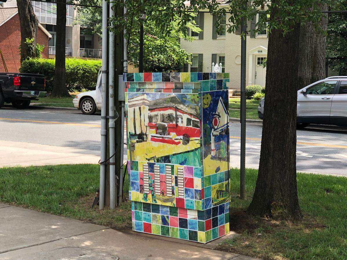 Christine Dryden took swatches from Chantilly Montessori student paintings of Plaza Midwood landmarks and created a mosaic entitled “Chantilly’s Charlotte.” Her signal box is located at Plaza Midwood Firehouse.