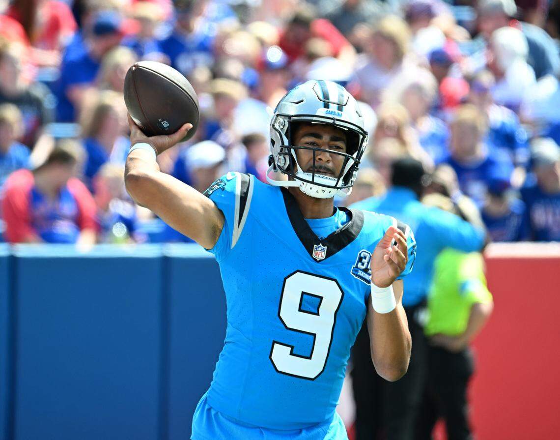 Carolina Panthers quarterback Bryce Young throws a pass in the first quarter of Saturday’s preseason game against the Buffalo Bills at Highmark Stadium. Young led a touchdown march on his only drive of the preseason.