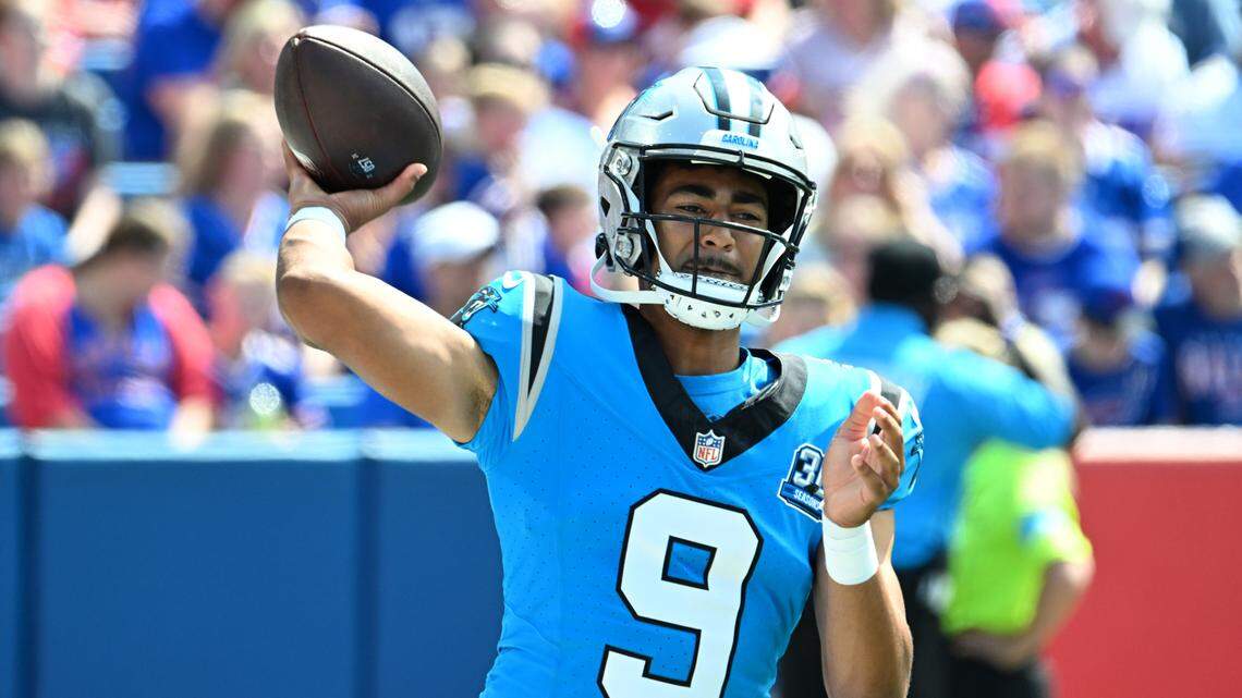 Carolina Panthers quarterback Bryce Young throws a pass in the first quarter of Saturday’s preseason game against the Buffalo Bills at Highmark Stadium. Young led a touchdown march on his only drive of the preseason.