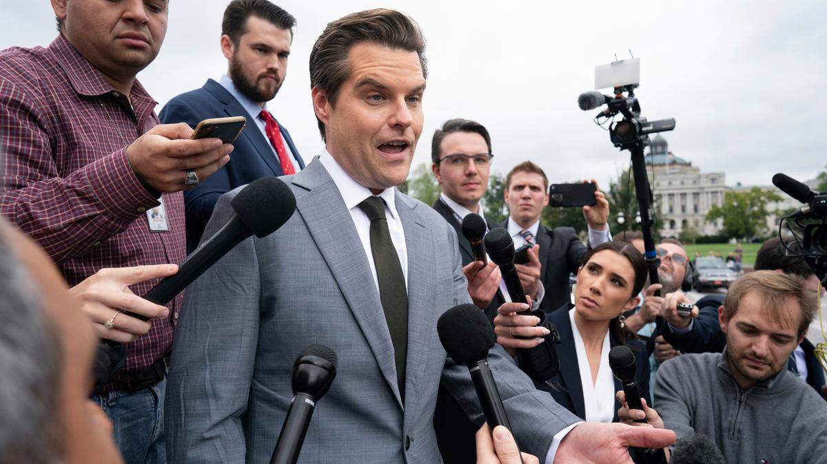 Rep. Matt Gaetz, R-Fla., talks to reporters on Friday, Sept. 29, 2023 just after House Speaker Kevin McCarthy’s last-ditch plan to keep the government temporarily open collapsed. The stopgap spending bill was sunk by hard-right Republicans who later forced an end to McCarthy’s speakership.