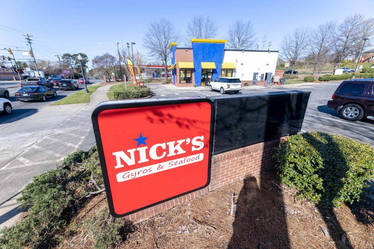 Outside Nick’s Gyros & Seafood.