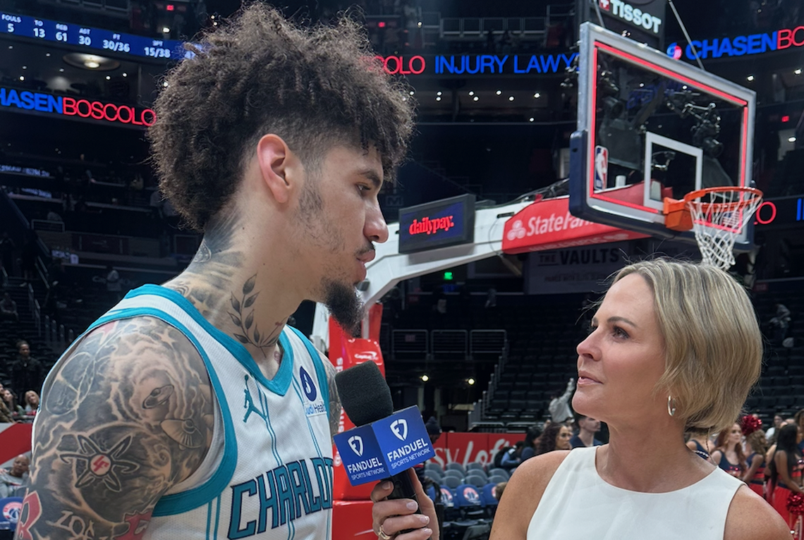 Shannon Spake interviews Charlotte Hornets star LaMelo Ball earlier this season.