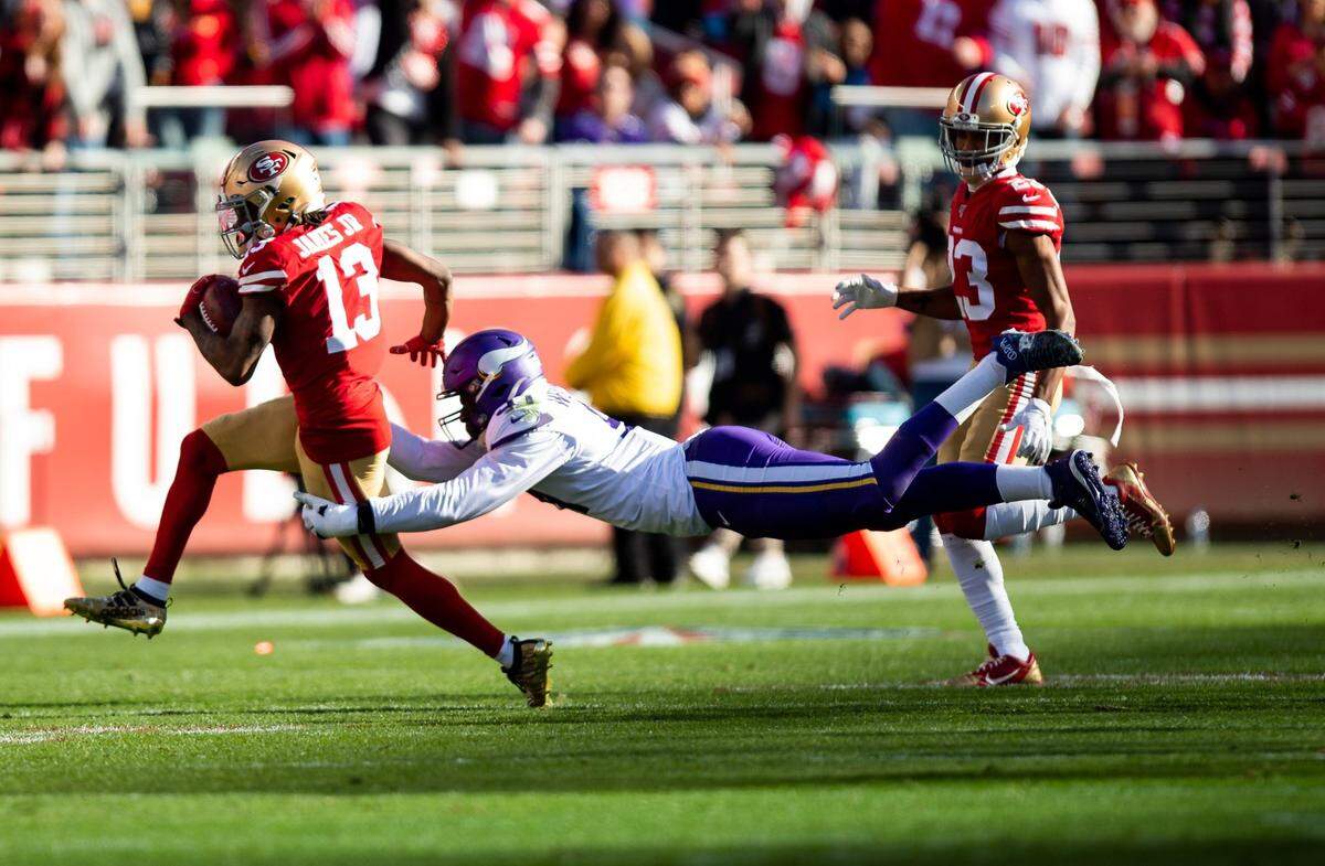 Stephen Weatherly has also been a valuable special teamer. Here, as a Minnesota Viking, he makes a diving tackle of San Francisco 49ers’ Richie James Jr. (13) in a playoff game following the 2019 season. Weatherly joined the Panthers in March as a free agent.