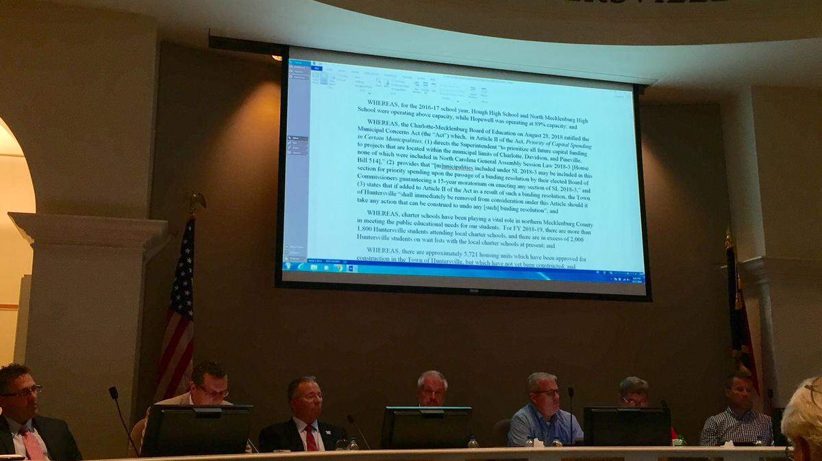 The Huntersville Board of Commissioners in 2018 unanimously approved creating a task force to study education options, including forming town charter schools, working with CMS and pursuing a split into smaller school districts.