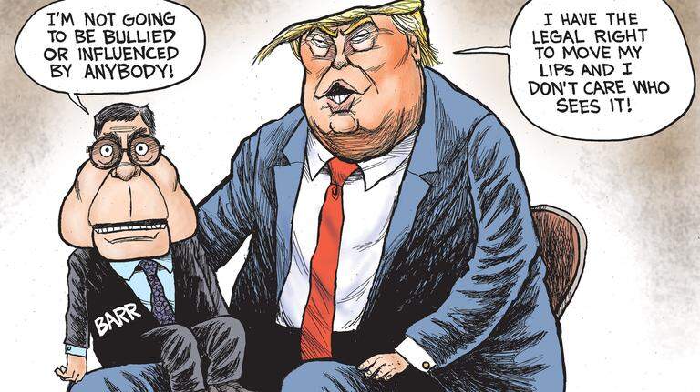 Kevin Siers cartoon: Trump and Barr’s Judicial Mystery Theater