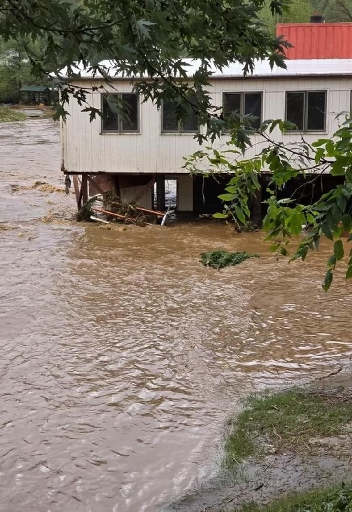 After Hurricane Helene, a wall at Bakersville’s Helen’s Restaurant is gone, and the support beams for the building are also gone. This photo was taken a few days after the storm, after the water had receded.