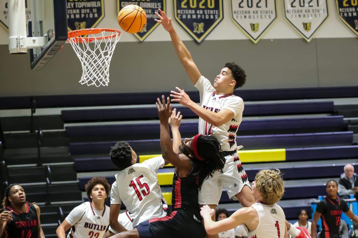 Butler Isaiah White daring jump shot unfolds amid fierce defensive tactics at the Carmel Christian MLK showcase presented by Phenom Hoops at Carmel Christian high school on January 18th, 2025 in Charlotte, NC