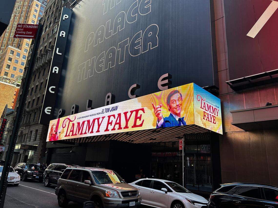 The “Tammy Faye” marquee at the Palace Theatre on Broadway in New York City. The musical begins previews Oct. 19.