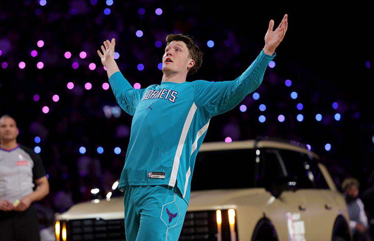 Kon Knueppel of the Charlotte Hornets and Team Cameron reacts after a shot during the Kia Shooting Stars during 2026 NBA All-Star Weekend at Intuit Dome.