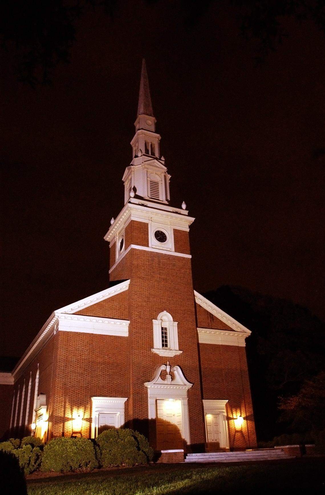 Myers Park Baptist Church sits where Queens Road turns in Selwyn Avenue, directly across from Queens University of Charlotte.