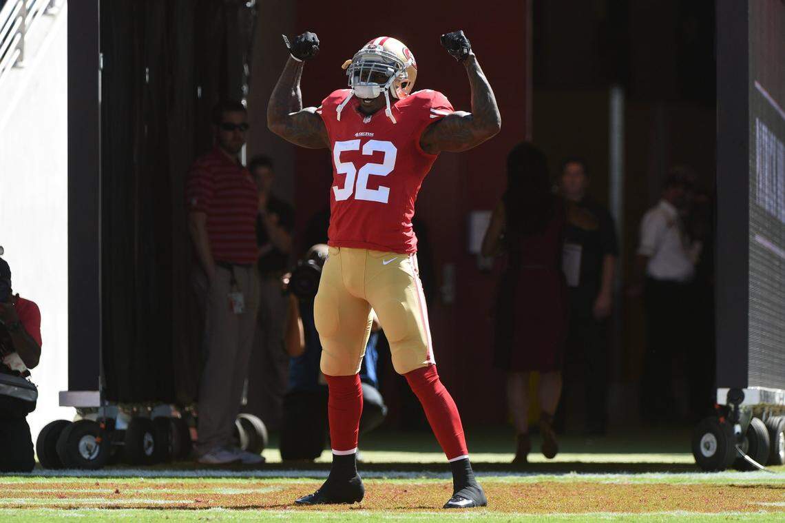 October 5, 2014; Santa Clara, CA, USA; San Francisco 49ers inside linebacker Patrick Willis (52) during player introductions before the game against the Kansas City Chiefs at Levi’s Stadium. Mandatory Credit: Kyle Terada-USA TODAY Sports