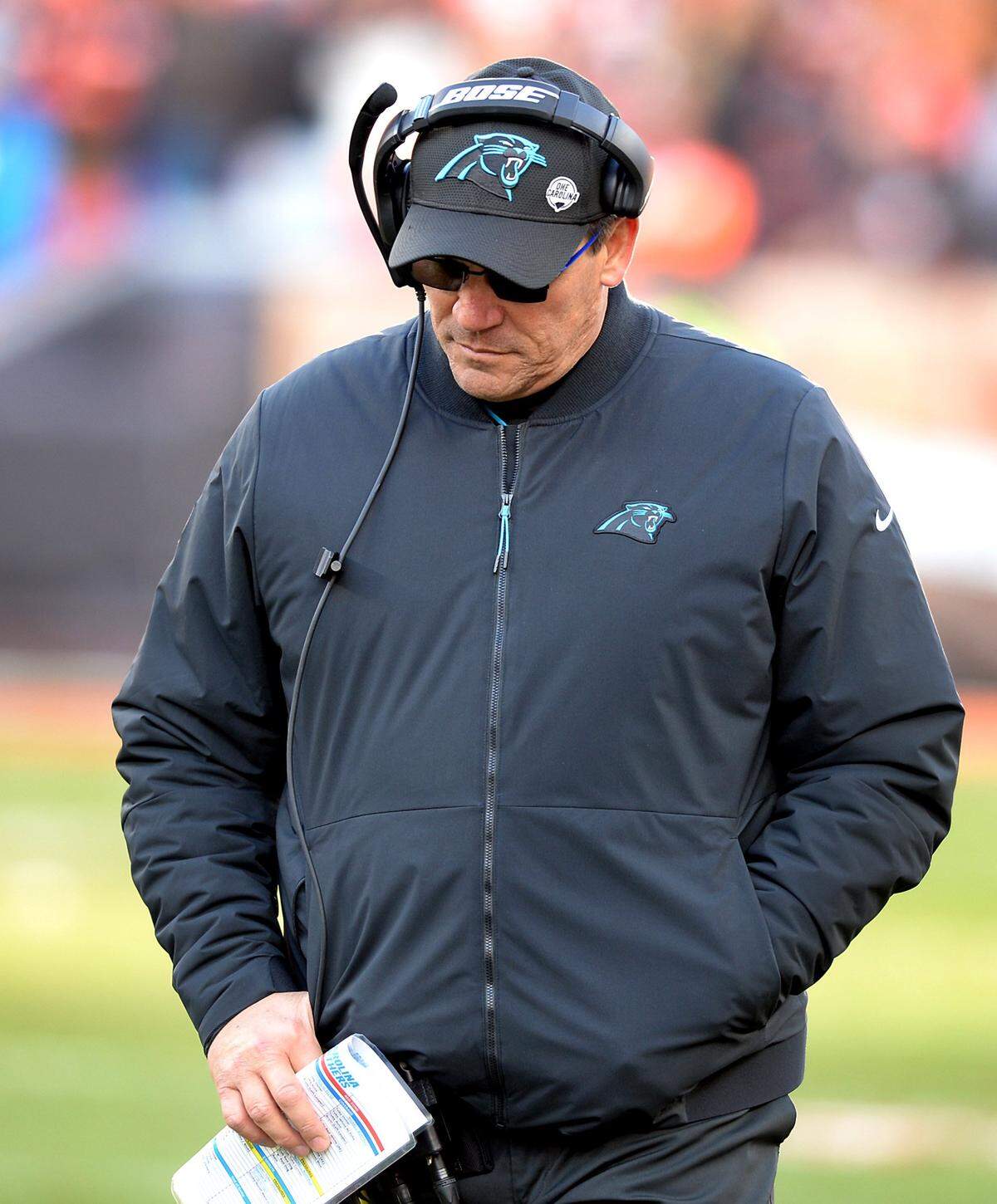 Carolina Panthers head coach Ron Rivera walks along the team’s sideline during fourth quarter action at FirstEnergy Stadium in Cleveland, Ohio. The Panthers lost to the Cleveland Browns 26-20 on Sunday, December 9, 2018.