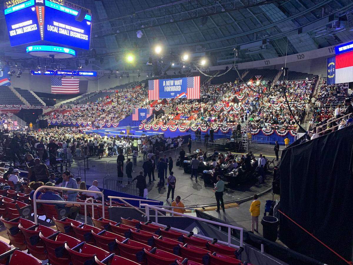 Attendees fill in Bojangles Coliseum Thursday afternoon ahead of a speech by Vice President Kamala Harris, the Democratic nominee for president.
