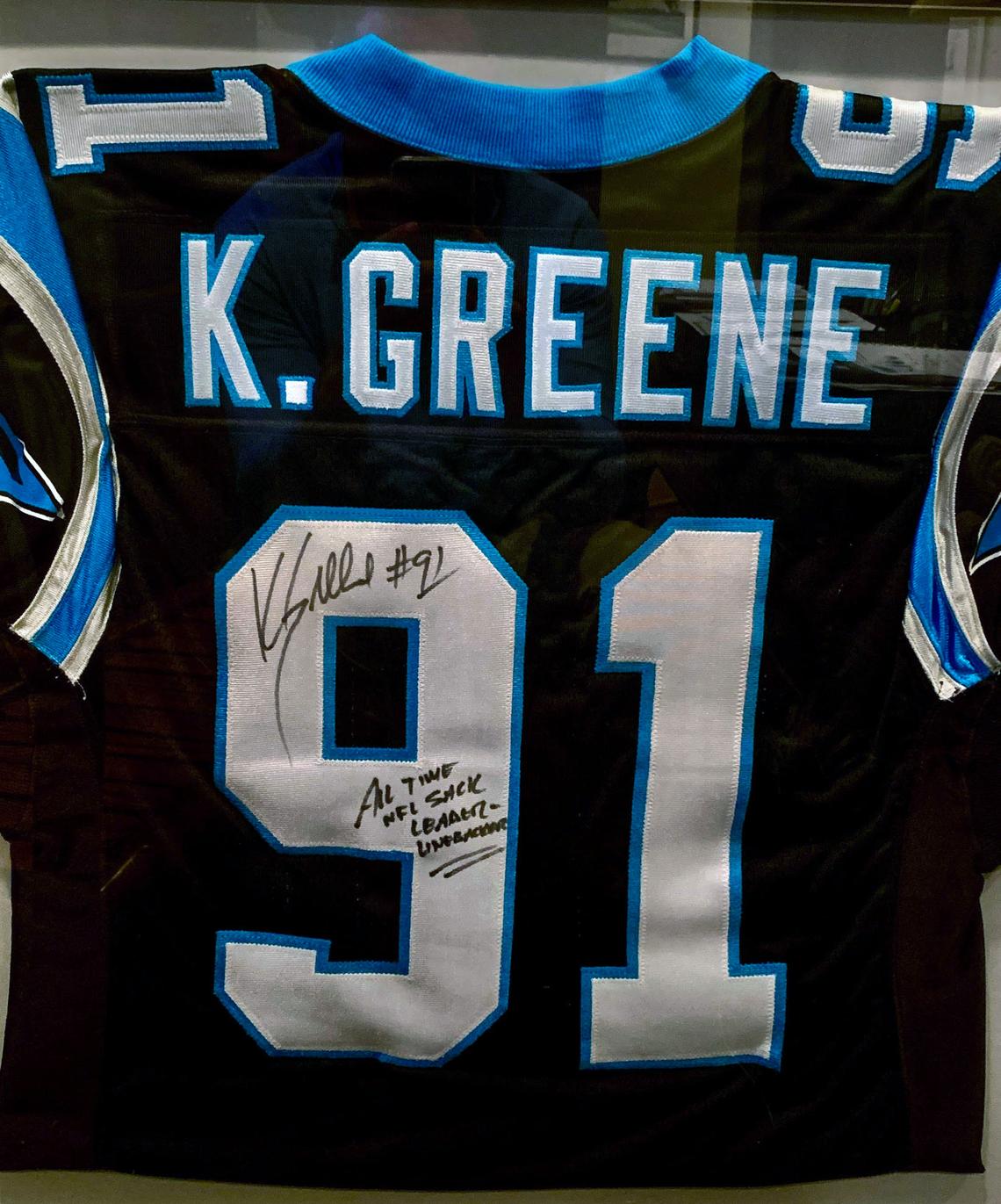 After his final game in 1999, former Panthers linebacker Kevin Greene signed one of his jerseys and gave it to teammate Wesley Walls. Walls still has the jersey hanging on his wall in his Charlotte home.