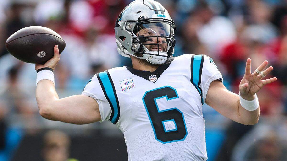Panthers quarterback Baker Mayfield rears his arm back for a throw during the game against the 49ers at Bank of America Stadium on Sunday, October, 9, 2022.