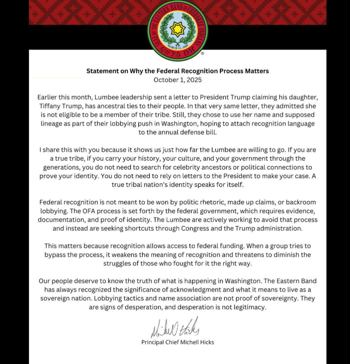 The principal chief of the Cherokee Indians in North Carolina is criticizing a letter to Donald Trump from the Lumbee that says Trump’s daughter Tiffany has “ancestral roots” in the southeastern N.C. tribe.