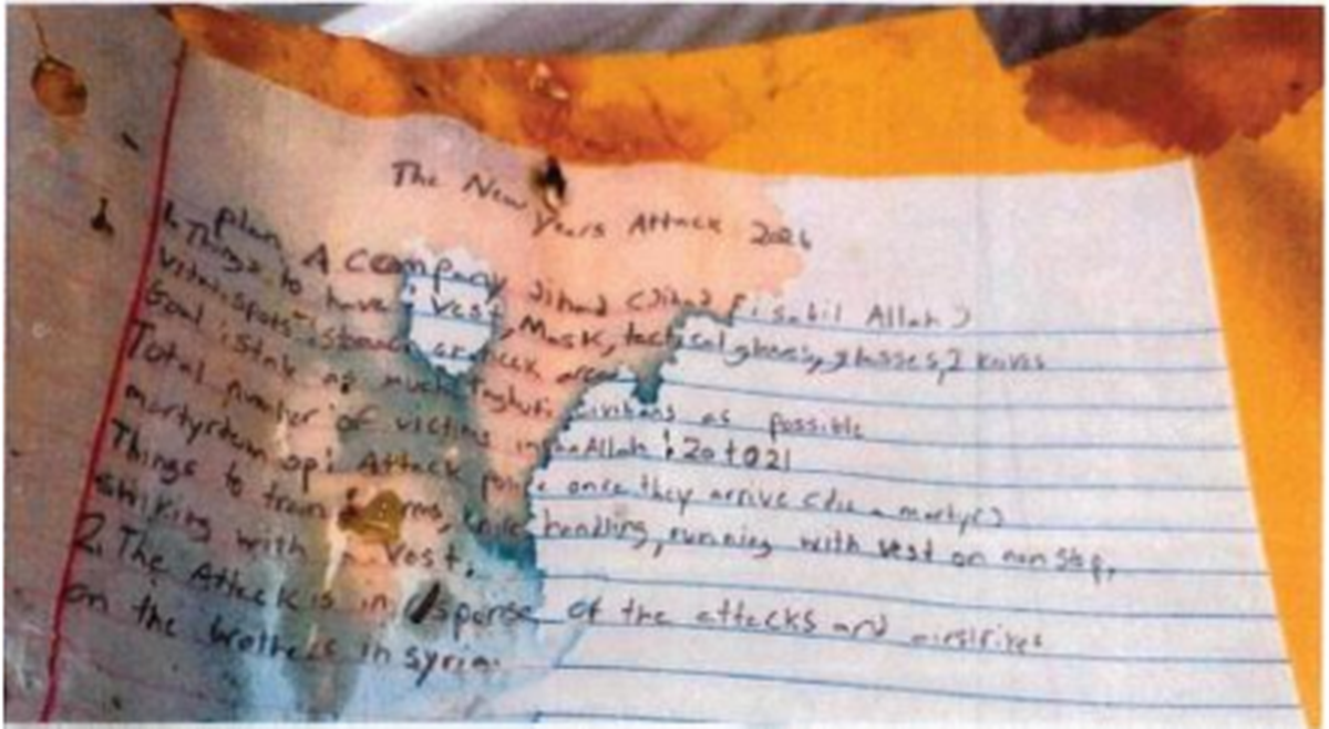The FBI says suspect Christian Sturdivant titled this handwritten document, “New Years Attack 2026,” according to an arrest warrant affidavit.