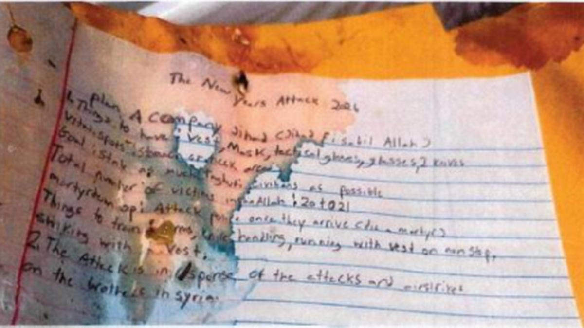 The FBI says suspect Christian Sturdivant titled this handwritten document, “New Years Attack 2026,” according to an arrest warrant affidavit.