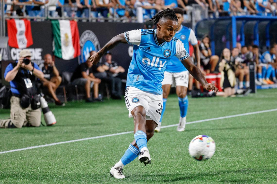 Charlotte FC forward Yordi Reyna moves the ball against Orlando City in the second half in Charlotte, N.C., Sunday, Aug. 21, 2022.
