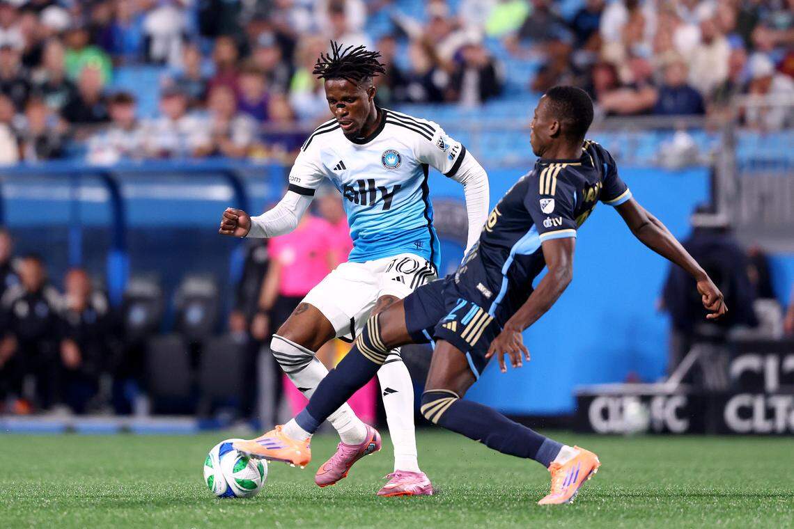 Danley Jean Jacques of Philadelphia Union challenges Wilfried Zaha of Charlotte FC during the second half of their Oct. 18, 2025, match in Charlotte.