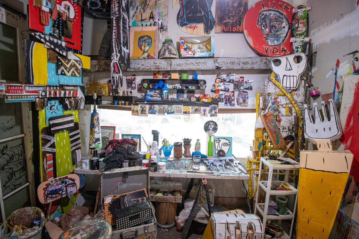 This is the interior of Charlotte artist Nico Amortegui’s studio. It’s as colorful and imaginative as his artwork.