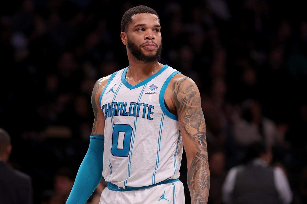 Charlotte Hornets forward Miles Bridges (0) reacts during the second quarter against the Brooklyn Nets at Barclays Center.