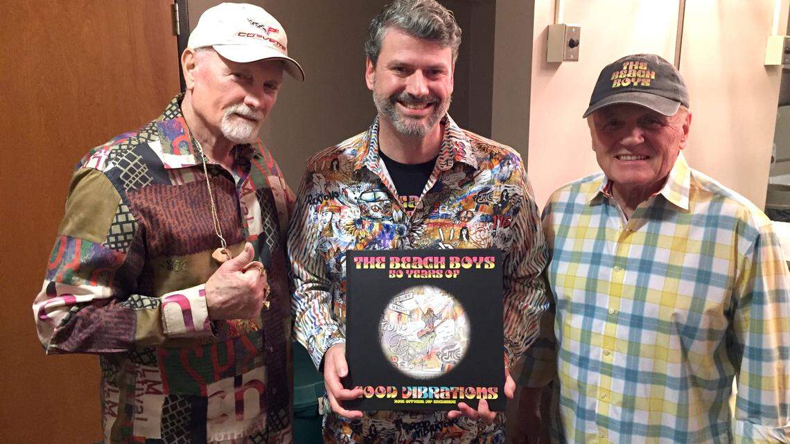 David Beard, center, has run Endless Summer Quarterly, the official Beach Boys fan publication, since the 1990s. He recently co-produced the first new recording in many years with members of the band, including Mike Love (left) and Bruce Johnston (right). This photo was taken in 2017.