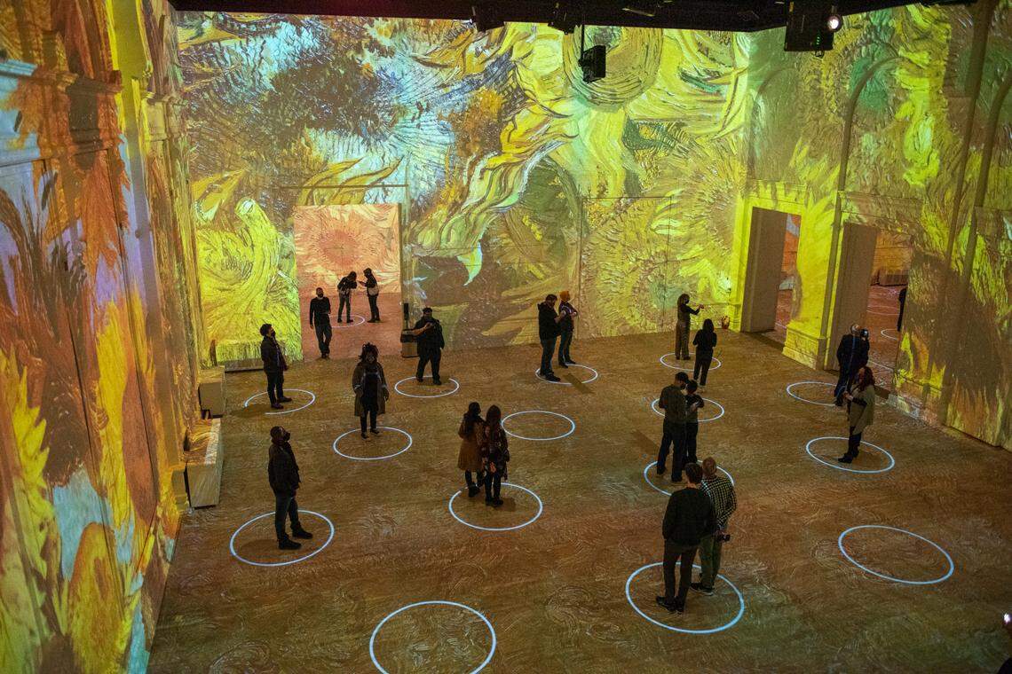 The Immersive Van Gogh exhibition showcases a curated selection of images, including his 1887 work Sunflowers.