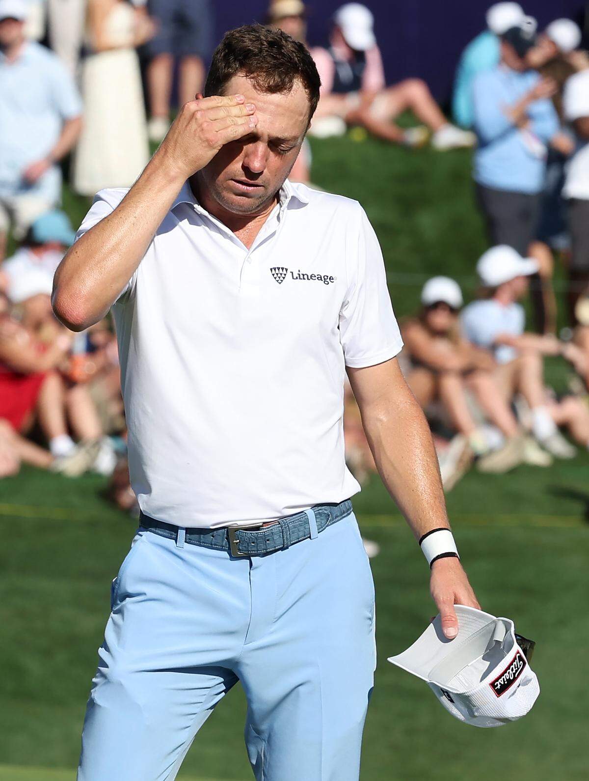 Justin Thomas rubs his forehead after finishing final round action in the Truist Championship at Quail Hollow Club in Charlotte, NC on Sunday, May 10, 2026. Thomas finished in 13th place at -8.