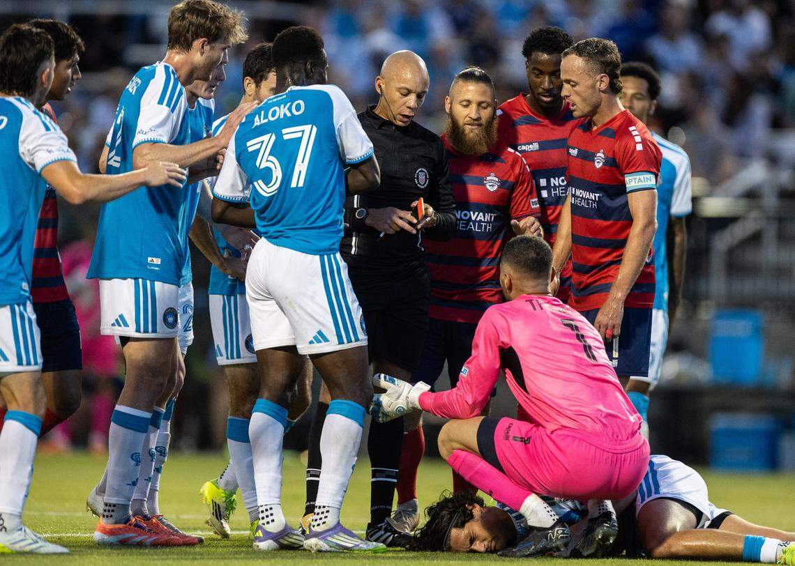 Charlotte Independence goalkeeper Giorgos Tasouris gets a red card at Mecklenburg County Regional Sportsplex in Matthews, North Carolina, on April 15, 2026. 