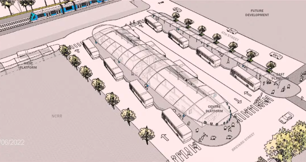 The design of a temporary bus station in uptown Charlotte. The existing Charlotte Transportation Center could become the site of a high-rise building.