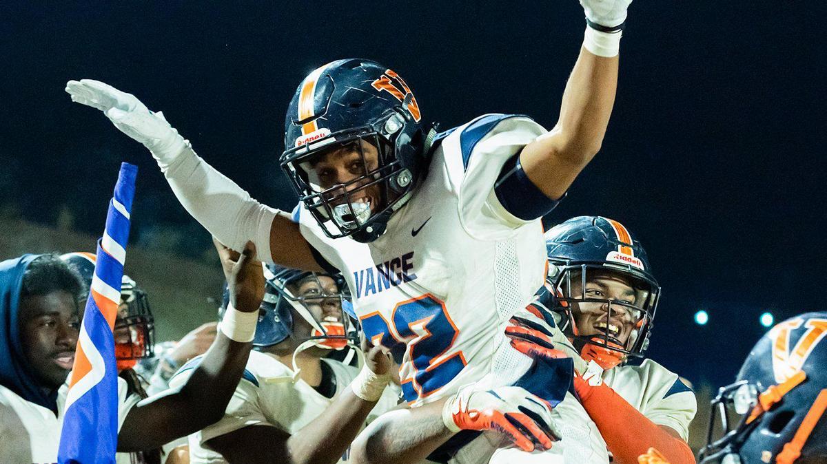 Vance Cougar’s celebrate their 38-7 win over the Richmond Raiders to advance to the 4AA State Playoff Finals.