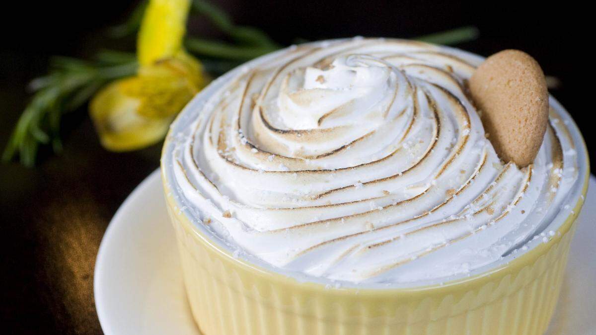 The banana pudding at Savor Cafe in Charlotte was topped with a circular marshmallow creme that was lightly browned.