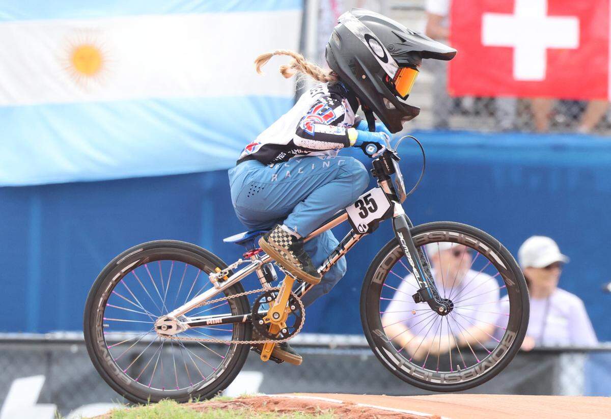 8-year-old Irelyn McGinley races in the BMX World Championships Monday in Rock Hill.