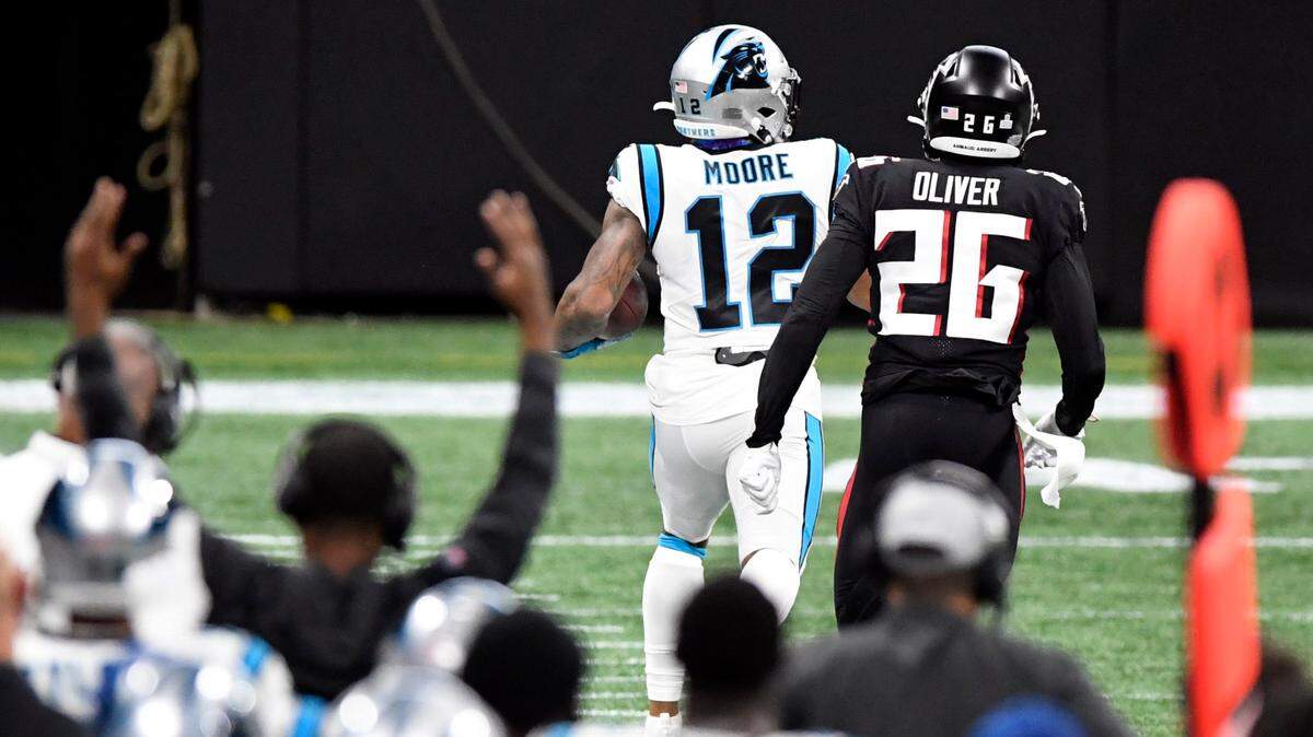 Carolina Panthers wide receiver DJ Moore (12) outruns the Atlanta defense for a 57-yard TD on Oct. 11th.