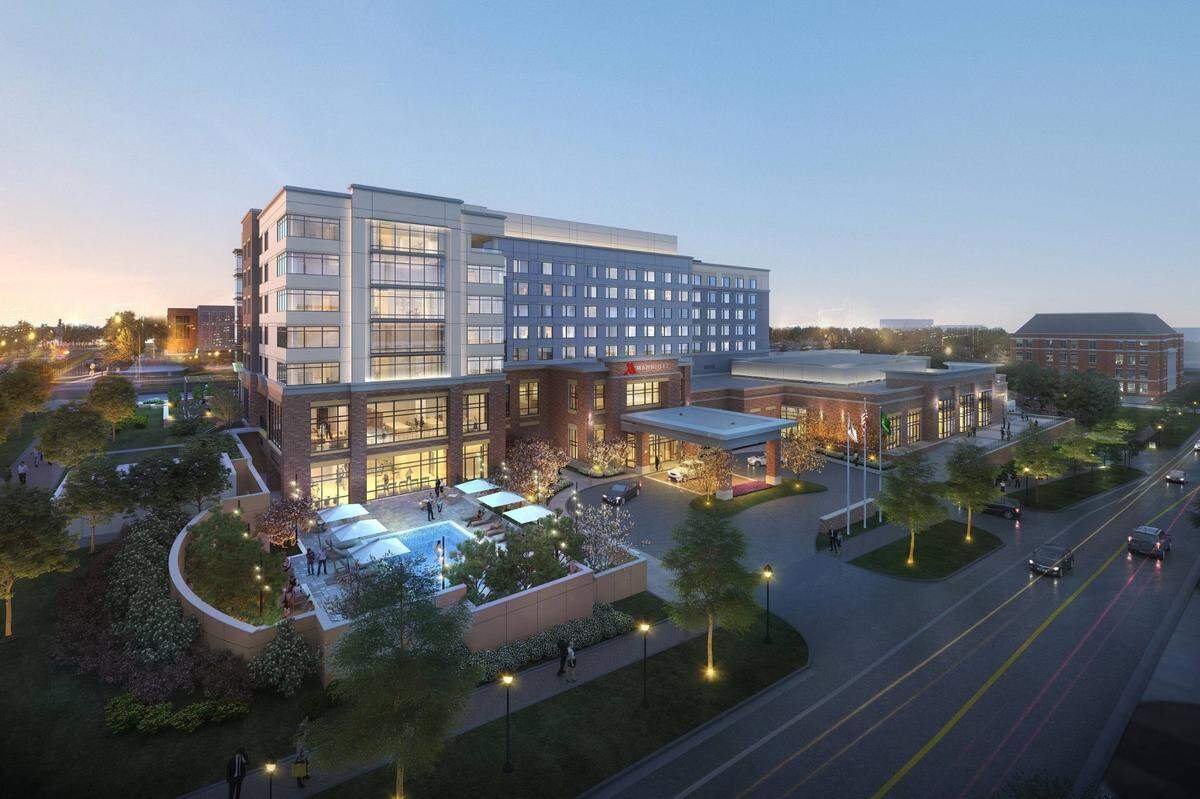The exterior view of UNC Charlotte Marriott Hotel and Conference Center.