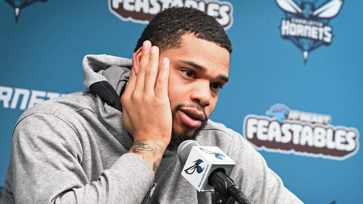 Charlotte Hornets Miles Bridges listens to a question during an interview with the local media at Spectrum Center on Monday, April 15, 2024.