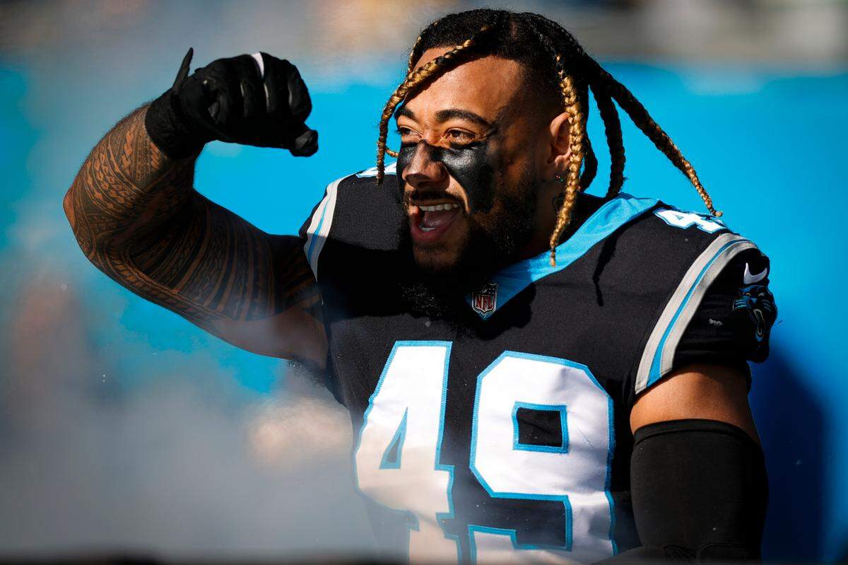 Carolina Panthers linebacker Frankie Luvu (49) takes the field during a game against the Pittsburgh Steelers at Bank of America Stadium in Charlotte in 2022.